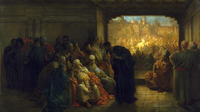 Maleri af en forsamling i et gammelt rum med udsigt til en oplyst by — Gustave Dorés skildring af en scene fra Bibelen